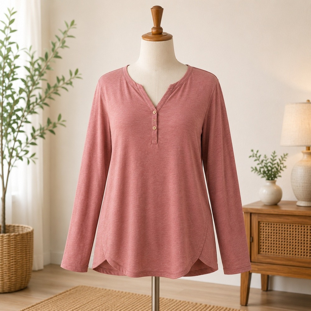 NWT Cupshe Henley Top Womens XL Mauve Long Sleeve Button V-Neck CAA04C3H008JJ